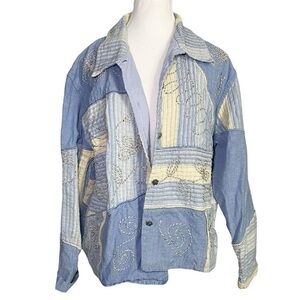 Tantrums Vintage Blue and Cream Patchwork Embroidered Jean Jacket